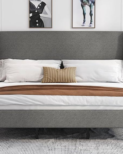 Allewie King Size Bed Frame, Platform Bed Frame with Upholstered Headboard, Modern Deluxe Wingback, Wood Slat Support, Mattress Foundation, Light Grey - LeafyLoom