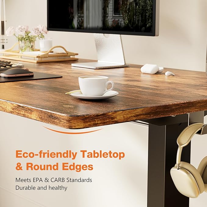 Sweetcrispy Standing Desk Adjustable Height, 63inch Electric Sit Stand up Desk for Home Office, Modern Rising Work Table for Computer Laptop, Lift Gaming Desk Sturdy Ergonomic Workstation, Rust Brown - LeafyLoom