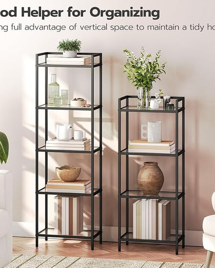 HOOBRO 5-Tier Bookcase, Metal Bookshelf, Tempered Glass Bookshelves, Slim Shelving Unit for Living Room, Narrow Bookshelf for Small Spaces, Storage Rack Display Shelf for Home Office, Black BK45SJ01 - LeafyLoom