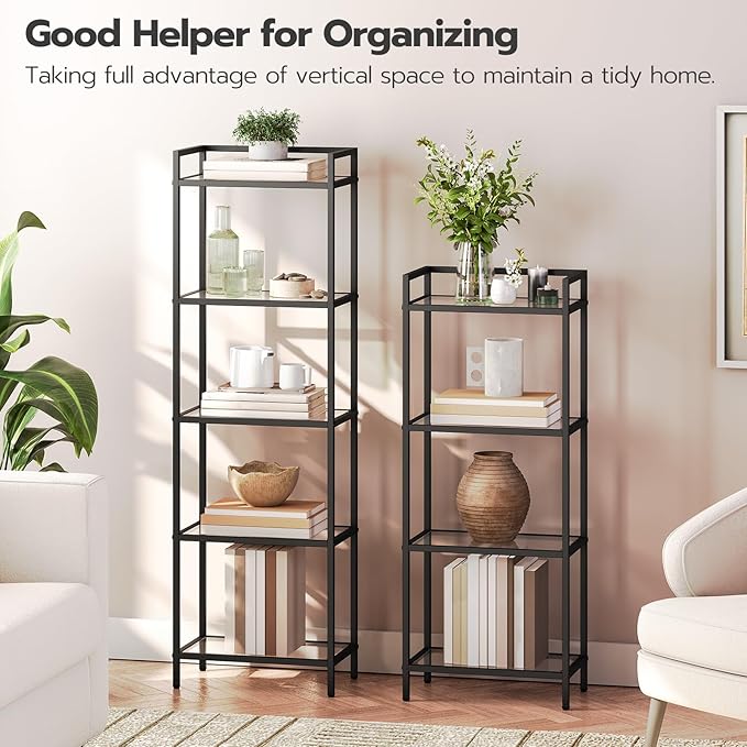 HOOBRO 5-Tier Bookcase, Metal Bookshelf, Tempered Glass Bookshelves, Slim Shelving Unit for Living Room, Narrow Bookshelf for Small Spaces, Storage Rack Display Shelf for Home Office, Black BK45SJ01 - LeafyLoom