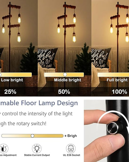 Dimmable Industrial Floor Lamp, Farmhouse Tree Floor Lamp, 68 Inch 3 Lights Wood Standing Lamp, Sturdy Base Tall Vintage Pole Light, Metal Black Floor Lamps for Living Room Bedroom Office Rustic Home - LeafyLoom
