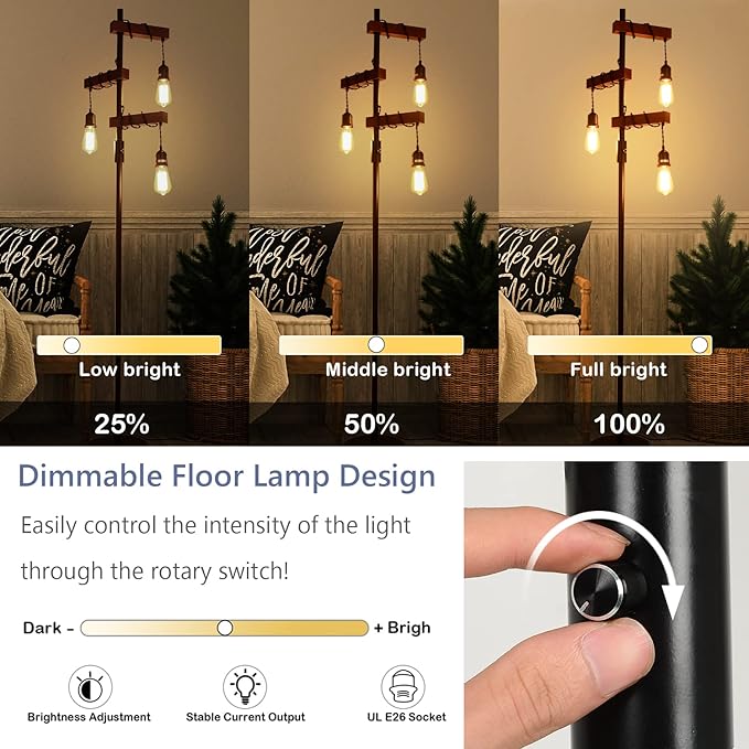 Dimmable Industrial Floor Lamp, Farmhouse Tree Floor Lamp, 68 Inch 3 Lights Wood Standing Lamp, Sturdy Base Tall Vintage Pole Light, Metal Black Floor Lamps for Living Room Bedroom Office Rustic Home - LeafyLoom
