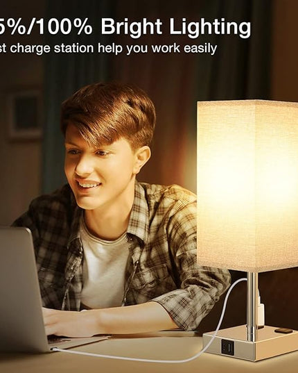 aooshine Gray Set of 2 Touch Lamp with USB Port-Nightstand Lamp with USB-C+A Charge Ports& AC Outlets, 3-Way Dimmable Bedside Lamp with Shade,Small Table Lamp for Bedroom Living Room(Bulb Included) - LeafyLoom