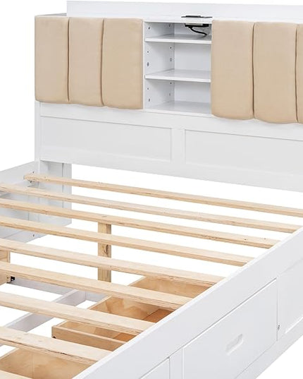Wood Full Size Platform Bed with Storage Headboard and 4 Drawers, White - LeafyLoom
