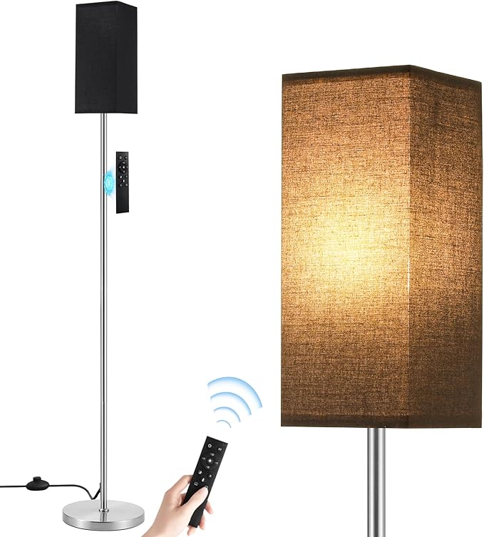 Ambimall Remote Control Floor Lamp, Stepless Dimmable, 64 Inches Tall, Include 9W Bulb, Standing Lamp for Living Room Bedroom Office (Black & Sliver) - LeafyLoom