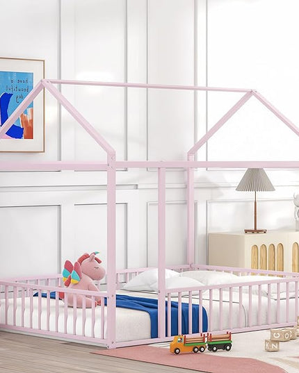 RITSU Full Size Montessori Floor Bed, Metal House Bedframe with Fence, Robust Construction is Used, for Children'S Rooms, Boys Girls, No Box Spring Needed, Easy Assembly, Pink - LeafyLoom