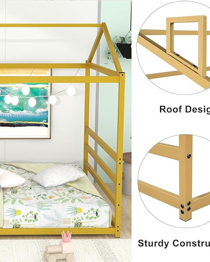 Queen Size Metal Floor Bed for Kids,Montessori Floor Bed with Roof,House Bed Frame for Boys Girls,Metal House Shape Platform Bed,Gold - LeafyLoom