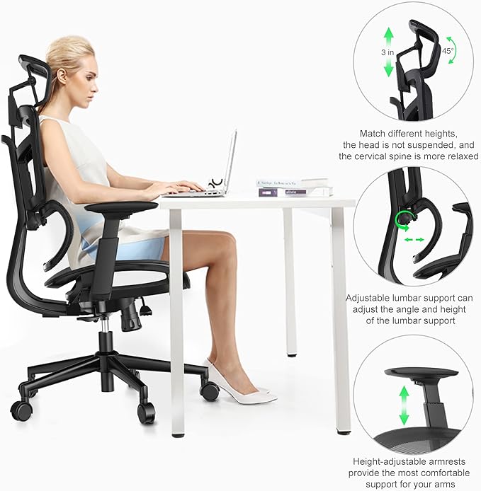 Office Computer Desk Chair, Ergonomic Desk Chair Mesh Computer Chair with Wheels, Adjustable 4D Smart Lumbar Support, Armrests, Seat Depth and Headrest for Home, Bedroom, Study, Dorm, Student, Adults - LeafyLoom