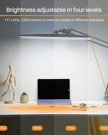 Task Lamp with Clamp, Bright 117PCS LEDs, Metal Swing Arm 24W 2200 Lumen Dimmable Led Desk Lamp for Architect Home Office Study Reading Dorm Workbench Craft, 23 Inch Lamp Head Work Lamp - LeafyLoom