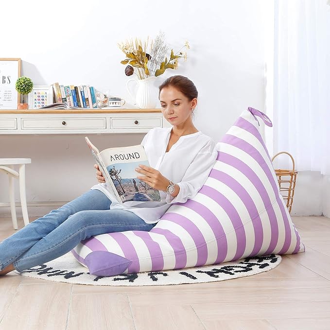 Aubliss Stuffed Animal Storage Bean Bag Chairs Cover, 50"x 35" Extra Large Bean Bags Chair for Kids & Adults, Beanbag Toy Storage for Boys Girls - Premium Cotton Canvas Purple Stripe - LeafyLoom