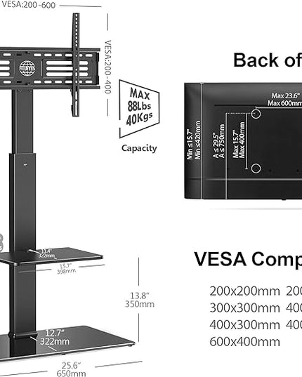FITUEYES Swivel Floor TV Stand with Mount for TVs 37 43 50 55 60 65 70 75 Inch LCD LED Flat/Curved Screens Universal Swivel Televisions TV Mount Stand for Bedroom Living Room Black Tempered Glass Base - LeafyLoom