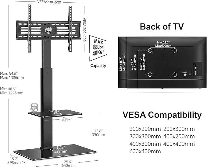 FITUEYES Swivel Floor TV Stand with Mount for TVs 37 43 50 55 60 65 70 75 Inch LCD LED Flat/Curved Screens Universal Swivel Televisions TV Mount Stand for Bedroom Living Room Black Tempered Glass Base - LeafyLoom