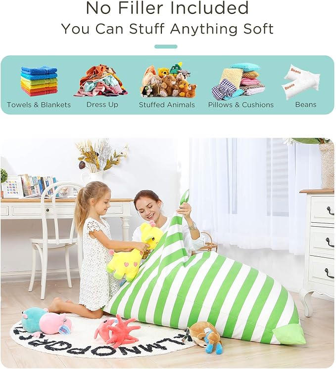 Aubliss Stuffed Animal Storage Bean Bag Chairs Cover, 50"x 35" Extra Large Bean Bags Chair for Kids & Adults, Beanbag Toy Storage for Boys Girls - Premium Cotton Canvas Green Stripe - LeafyLoom