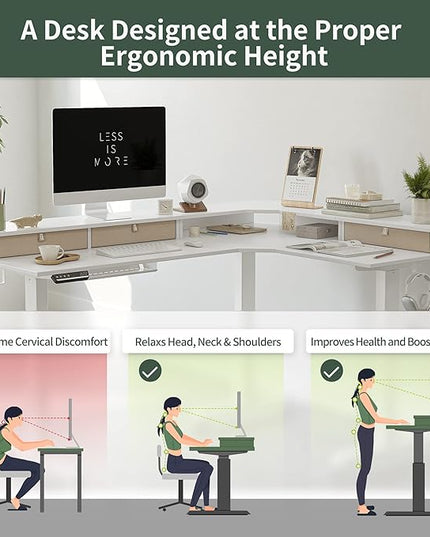 FEZIBO Triple Motor 63" L Shaped Standing Desk with 3 Drawers, Electric Standing Gaming Desk Adjustable Height, Corner Stand up Desk with Splice Board, White Frame/White Top - LeafyLoom