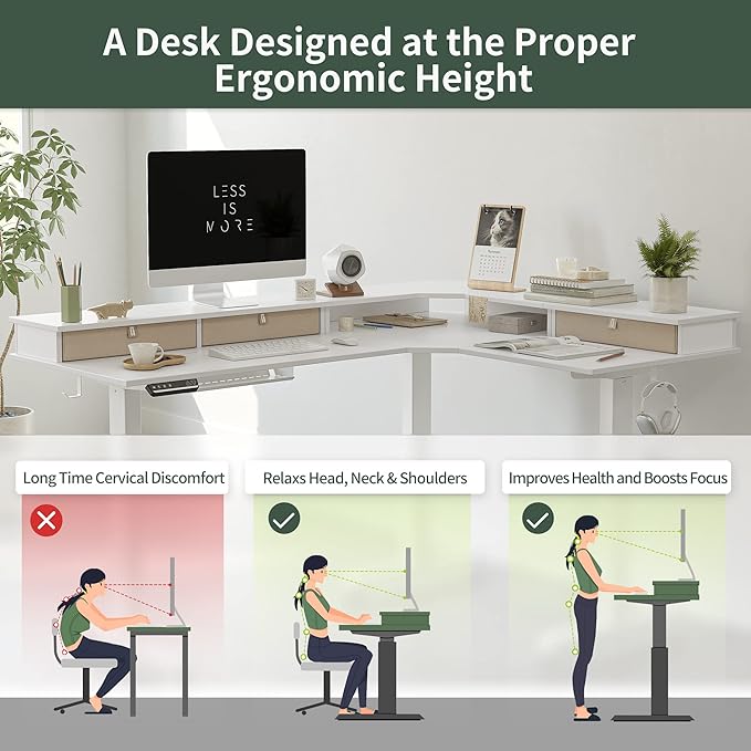 FEZIBO Triple Motor 63" L Shaped Standing Desk with 3 Drawers, Electric Standing Gaming Desk Adjustable Height, Corner Stand up Desk with Splice Board, White Frame/White Top - LeafyLoom