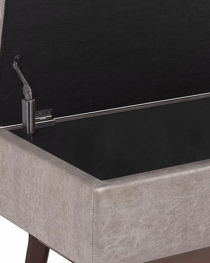 SIMPLIHOME Owen 36 Inch Wide Mid Century Modern Rectangular Coffee Table Lift Top Storage Ottoman in Upholstered Distressed Grey Taupe Faux Leather, For the Living Room - LeafyLoom