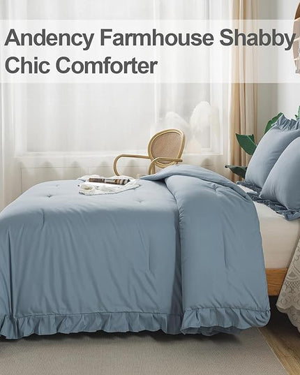 Andency Grayish Blue King Comforter Set(104x90Inch), 3 Pieces Lightweight Winter Summer Warm Fluffy Bedding Comforter Set, All Season Microfiber Shabby Chic(1 Ruffle Comforter and 2 Pillowcases) - LeafyLoom