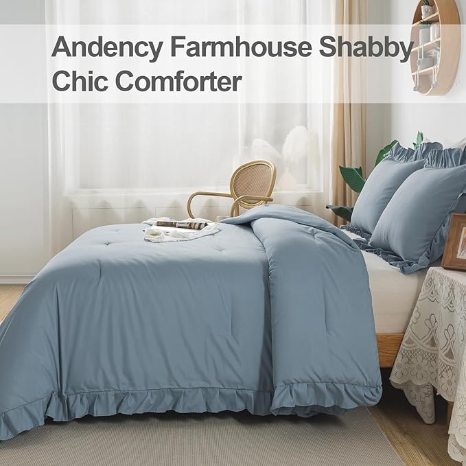 Andency Grayish Blue King Comforter Set(104x90Inch), 3 Pieces Lightweight Winter Summer Warm Fluffy Bedding Comforter Set, All Season Microfiber Shabby Chic(1 Ruffle Comforter and 2 Pillowcases) - LeafyLoom
