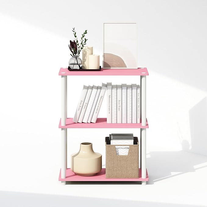 Furinno Turn-N-Tube 3-Tier Multipurpose Compact Display Rack, Shelving Unit, Bookcase, Pink/White - LeafyLoom