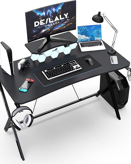 45IN Gaming Desk Gamer Table Carbon Fiber Surface Computer Table Gamer Desk with Monitor Shelf Office Home Study Desk Work PC Table Steel Legs Corner Desk Black - LeafyLoom