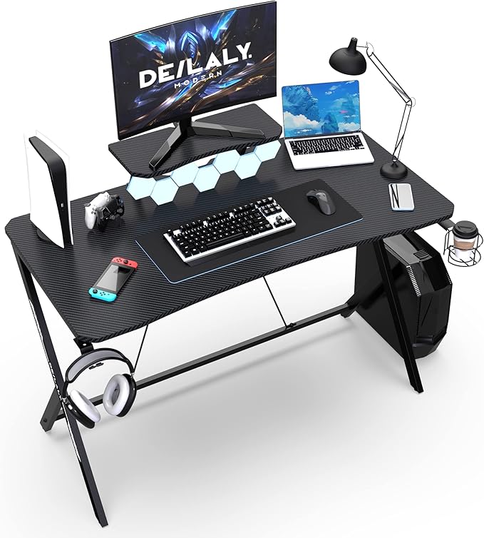 45IN Gaming Desk Gamer Table Carbon Fiber Surface Computer Table Gamer Desk with Monitor Shelf Office Home Study Desk Work PC Table Steel Legs Corner Desk Black - LeafyLoom
