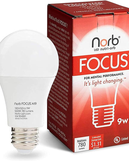 NorbFOCUS Desk Lamp LED Wellness Light Bulb A19 1-Pack. Unique Spectrum for Mental Performance to Read, Study, Work, Focus. Patent Pending. - LeafyLoom
