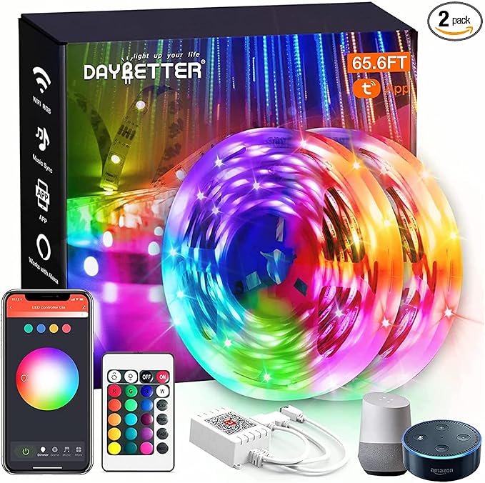 DAYBETTER 65.6ft WiFi Smart Led Lights Strip with Tuya App Control for Bedroom Decoration Work with Alexa and Google Assistant(2 Rolls of 32.8ft) DAYBETTER