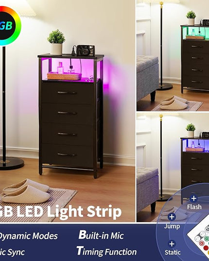 Yoobure Night Stand - LED Black Nightstand with Charging Station, Bedside Table with 4 Storage Drawers and Storage Shelf, End Table with USB Ports and Outlets, Fabric Tall Dresser for Bedroom - LeafyLoom