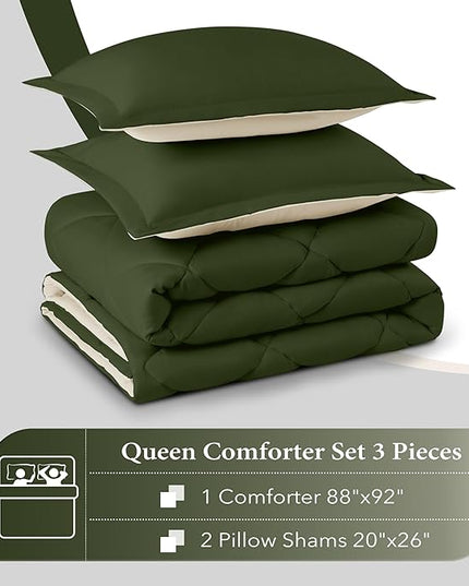 downluxe Queen Comforter Set, Lightweight Solid Down Alternative Reversible, 3-Piece Queen Size Comforter Set with 2 Reversible Pillow Shams (Lichen Green/White) - LeafyLoom
