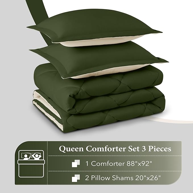 downluxe Queen Comforter Set, Lightweight Solid Down Alternative Reversible, 3-Piece Queen Size Comforter Set with 2 Reversible Pillow Shams (Lichen Green/White) - LeafyLoom