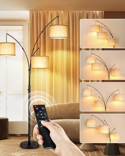 OUTON Arc LED Floor Lamp with Remote Control, Dimmable Modern Black 3 Light Arched Tall Floor Lamp, Mid Century Adjustable Standing Corner Lamps for Bedroom, Office, Living Room, Beige Lampshade - LeafyLoom