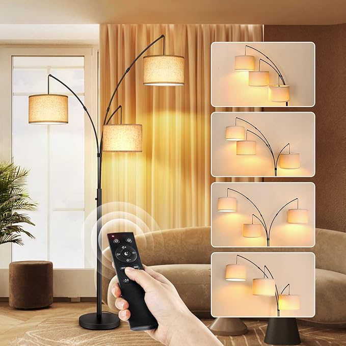 OUTON Arc LED Floor Lamp with Remote Control, Dimmable Modern Black 3 Light Arched Tall Floor Lamp, Mid Century Adjustable Standing Corner Lamps for Bedroom, Office, Living Room, Beige Lampshade - LeafyLoom