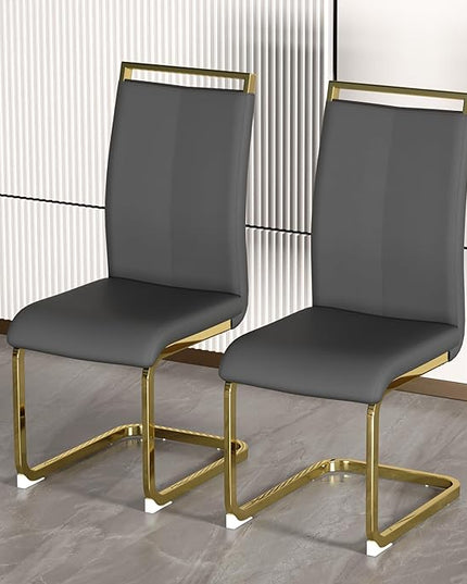 Modern Dining Chairs Set of 2, Side Dining Room Chairs with Gold Frame, Kitchen Chairs with Faux Leather Padded Seat High Back, Chairs for Dining Room, Kitchen, Living Room Dark Grey - LeafyLoom