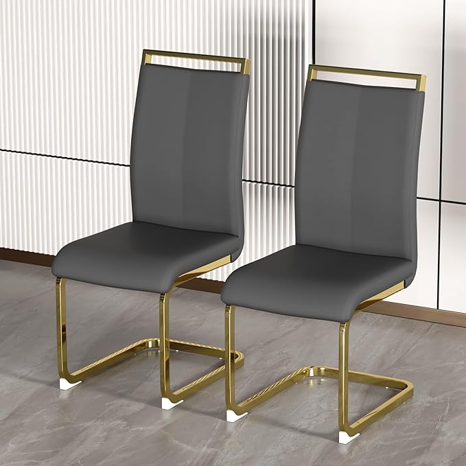 Modern Dining Chairs Set of 2, Side Dining Room Chairs with Gold Frame, Kitchen Chairs with Faux Leather Padded Seat High Back, Chairs for Dining Room, Kitchen, Living Room Dark Grey - LeafyLoom