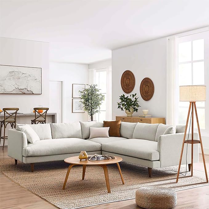 Wood Tripod Floor Lamp with Shelves,Linen Shade Boho Wooden Floor lamp for Living Room, with Three Color temparature Bulb Included,footswitch,ETL Listed/Brown Wood Color - LeafyLoom