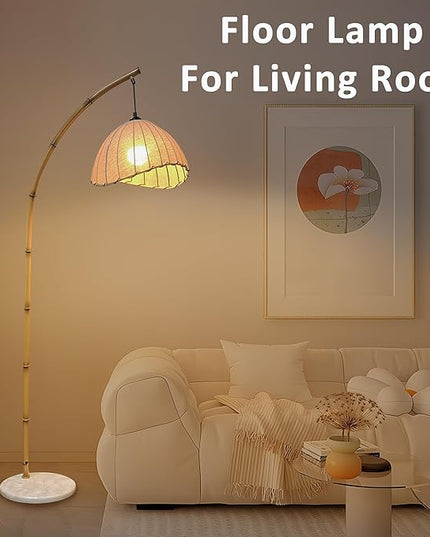 Bamboo Floor lamp, Unique Bohemian Hanging arc Floor lamp, Antique Vine Style, Restaurant Vertical lamp, Marble Base Farmhouse Study Living Room Corner lighting - LeafyLoom