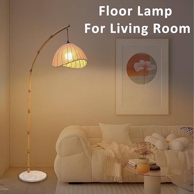 Bamboo Floor lamp, Unique Bohemian Hanging arc Floor lamp, Antique Vine Style, Restaurant Vertical lamp, Marble Base Farmhouse Study Living Room Corner lighting - LeafyLoom
