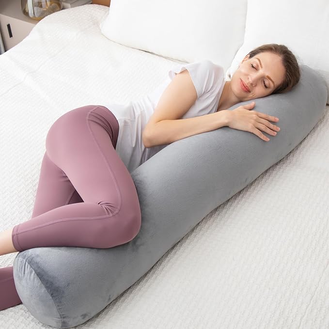 Body Pillow, Memory Foam Round Body Pillows for Adults, Firm Long Bolster Pillow for Bed, Cylinder Tube Roll Pillow with Velvet Cover, 47x7.87 Inches, Grey - LeafyLoom
