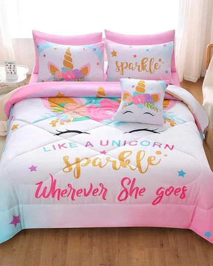 JQinHome Unicorn Queen Bedding Sets for Girls Kids,8 Piece Bed in A Bag 3D Colorful Flower Girl Unicorn Comforter Set with Sheet Set(Sparkle) - LeafyLoom