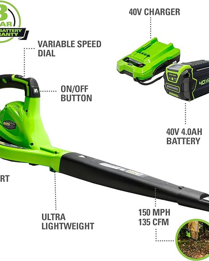 Greenworks 40V (150 MPH / 130 CFM) Cordless Leaf Blower, 4.0Ah Battery and Charger Included - LeafyLoom