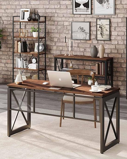 BON AUGURE 60 Inch Computer Desk for Home Office, Industrial Metal Wood Desk, Farmhouse Large Writing Desk, Modern Sturdy Gaming Desk (Rustic Oak) - LeafyLoom