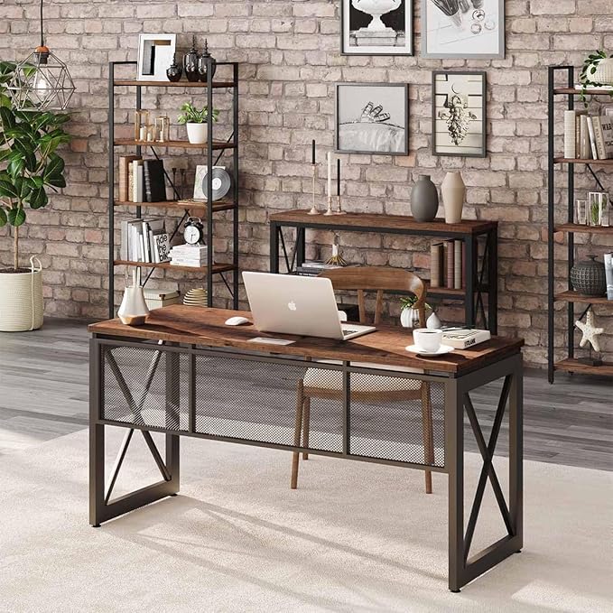 BON AUGURE 60 Inch Computer Desk for Home Office, Industrial Metal Wood Desk, Farmhouse Large Writing Desk, Modern Sturdy Gaming Desk (Rustic Oak) - LeafyLoom