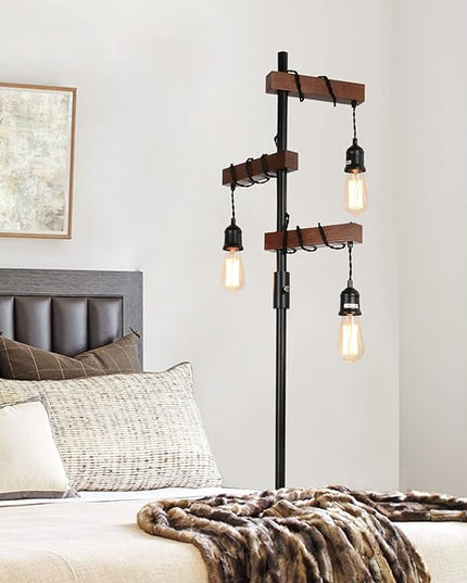 Dimmable Industrial Floor Lamp, Farmhouse Tree Floor Lamp, 68 Inch 3 Lights Wood Standing Lamp, Sturdy Base Tall Vintage Pole Light, Metal Black Floor Lamps for Living Room Bedroom Office Rustic Home - LeafyLoom