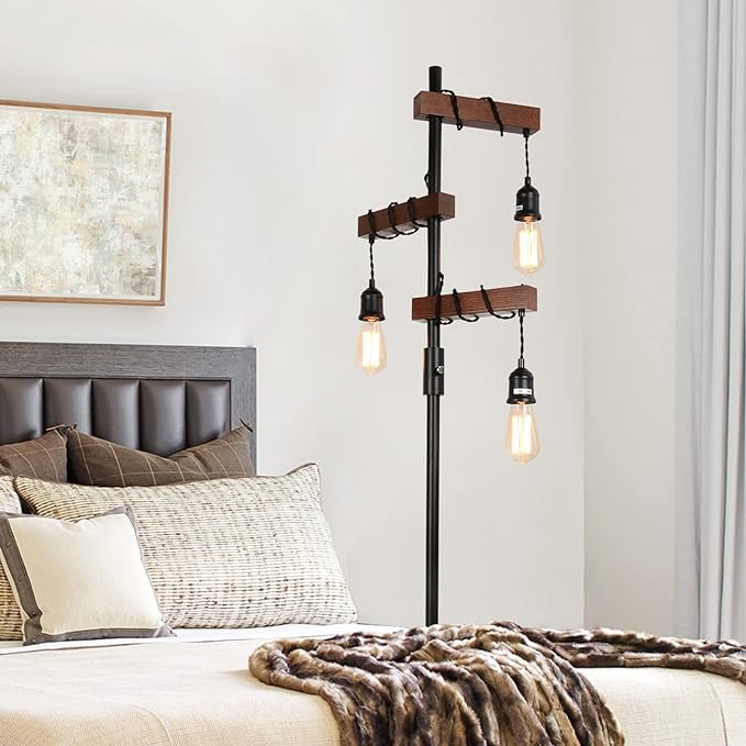 Dimmable Industrial Floor Lamp, Farmhouse Tree Floor Lamp, 68 Inch 3 Lights Wood Standing Lamp, Sturdy Base Tall Vintage Pole Light, Metal Black Floor Lamps for Living Room Bedroom Office Rustic Home - LeafyLoom