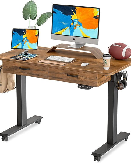 BANTI 48'' Adjustable Height Electric Standing Desk with Double Drawer, Stand Up Home Office Desk with Splice Tabletop, Rustic Brown - LeafyLoom