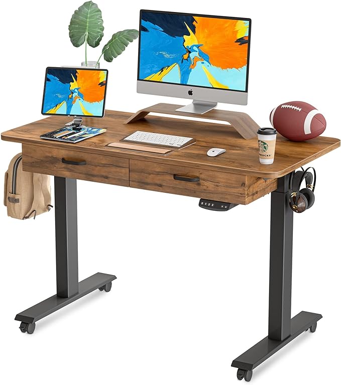 BANTI 48'' Adjustable Height Electric Standing Desk with Double Drawer, Stand Up Home Office Desk with Splice Tabletop, Rustic Brown - LeafyLoom
