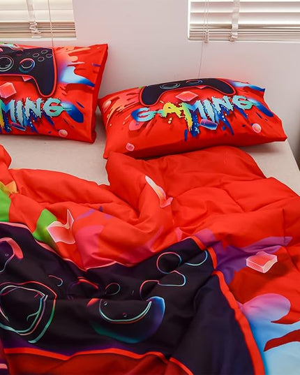 Aimuan Gaming Comforter Sets for Boys Kids Bedding Sets Video Games Console Action Buttons Novelty Colorful Game Gamepad Controller Modern Gamer Room Decor Home Quilt Set (Twin, Red) - LeafyLoom