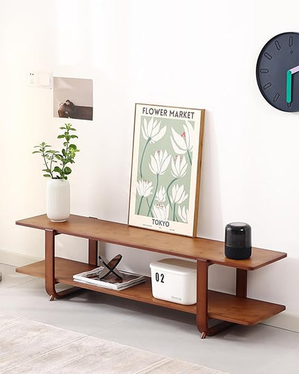 Tiita TV Stand with Storage for TVs up to 65'', Bamboo TV Console Entertainment Center with 2 Open Shelf, Mid Century Modern Media Console for Living Room, Bedroom, Walnut - LeafyLoom