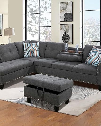 Modern Linen Living Room Furniture Set,L-Shaped Modular Upholstered 6 Seaters Sectional Sofa Couch W/2 Cup Holders & Storage Ottoman for Small Apartment-Dark Gray, 1 - LeafyLoom