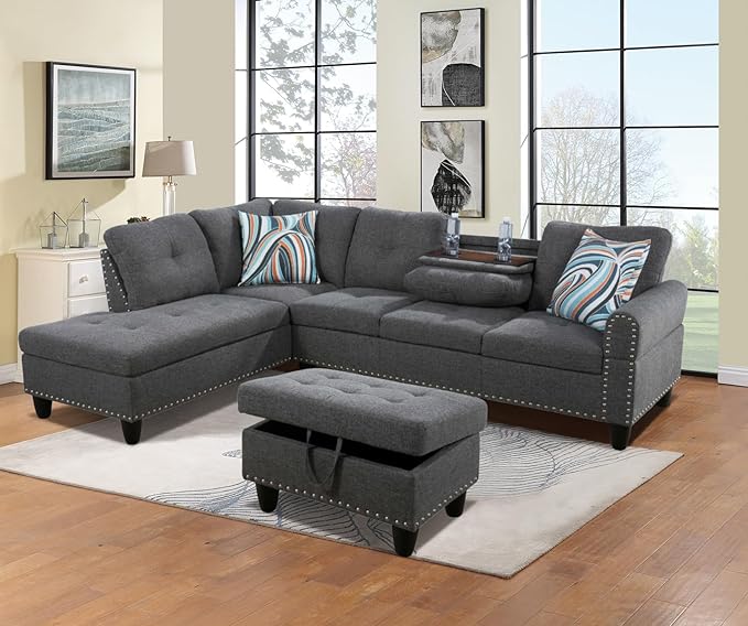 Modern Linen Living Room Furniture Set,L-Shaped Modular Upholstered 6 Seaters Sectional Sofa Couch W/2 Cup Holders & Storage Ottoman for Small Apartment-Dark Gray, 1 - LeafyLoom